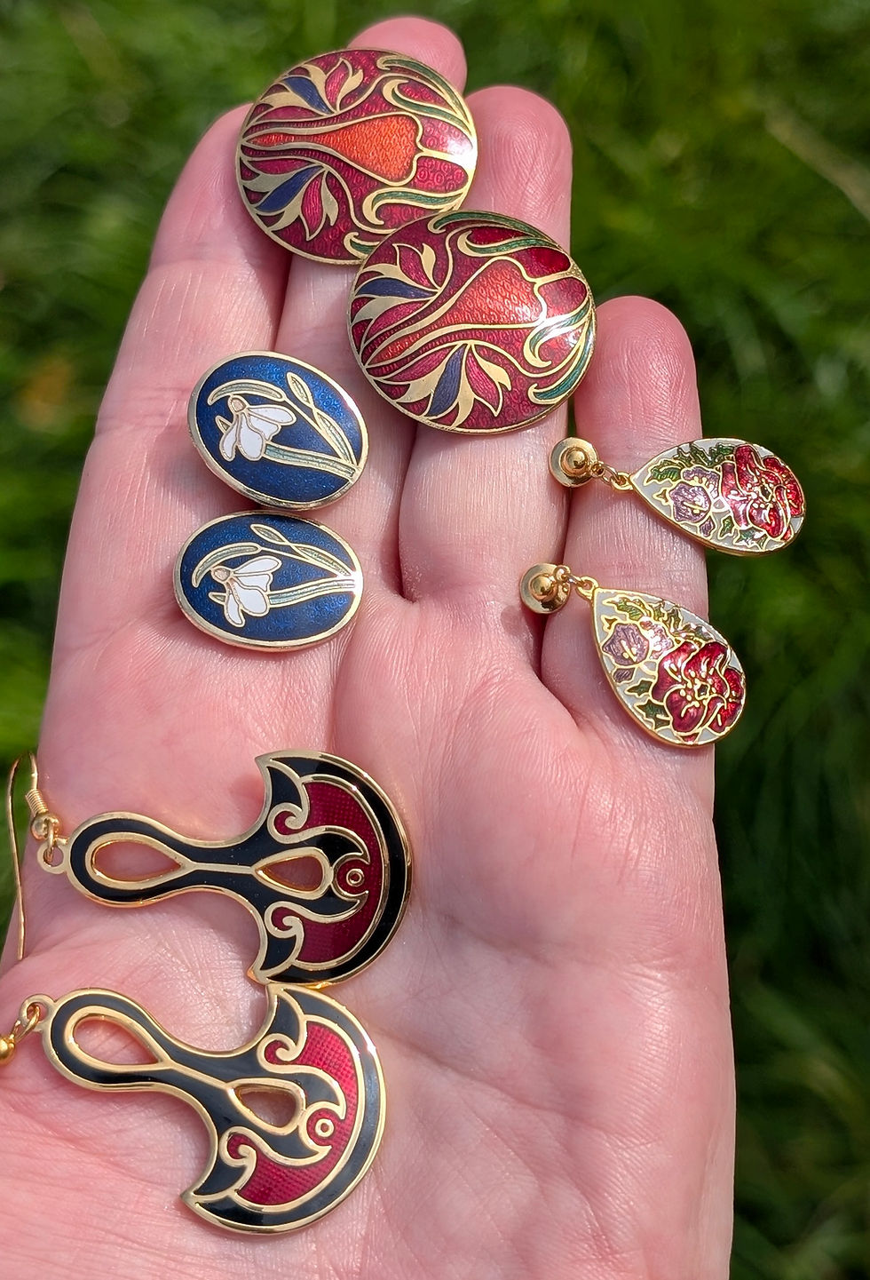 Thumbnail: Tear drop shape earrings with Cloisonné Enamel with a red and purple floral design