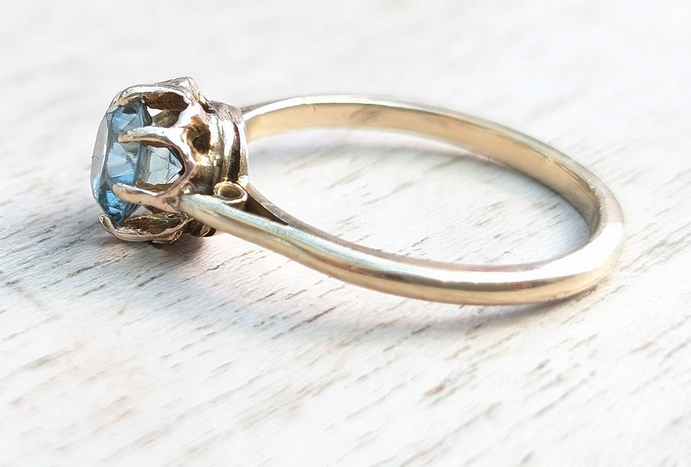 Thumbnail: antique gold ring with claw set round faceted blue zircon