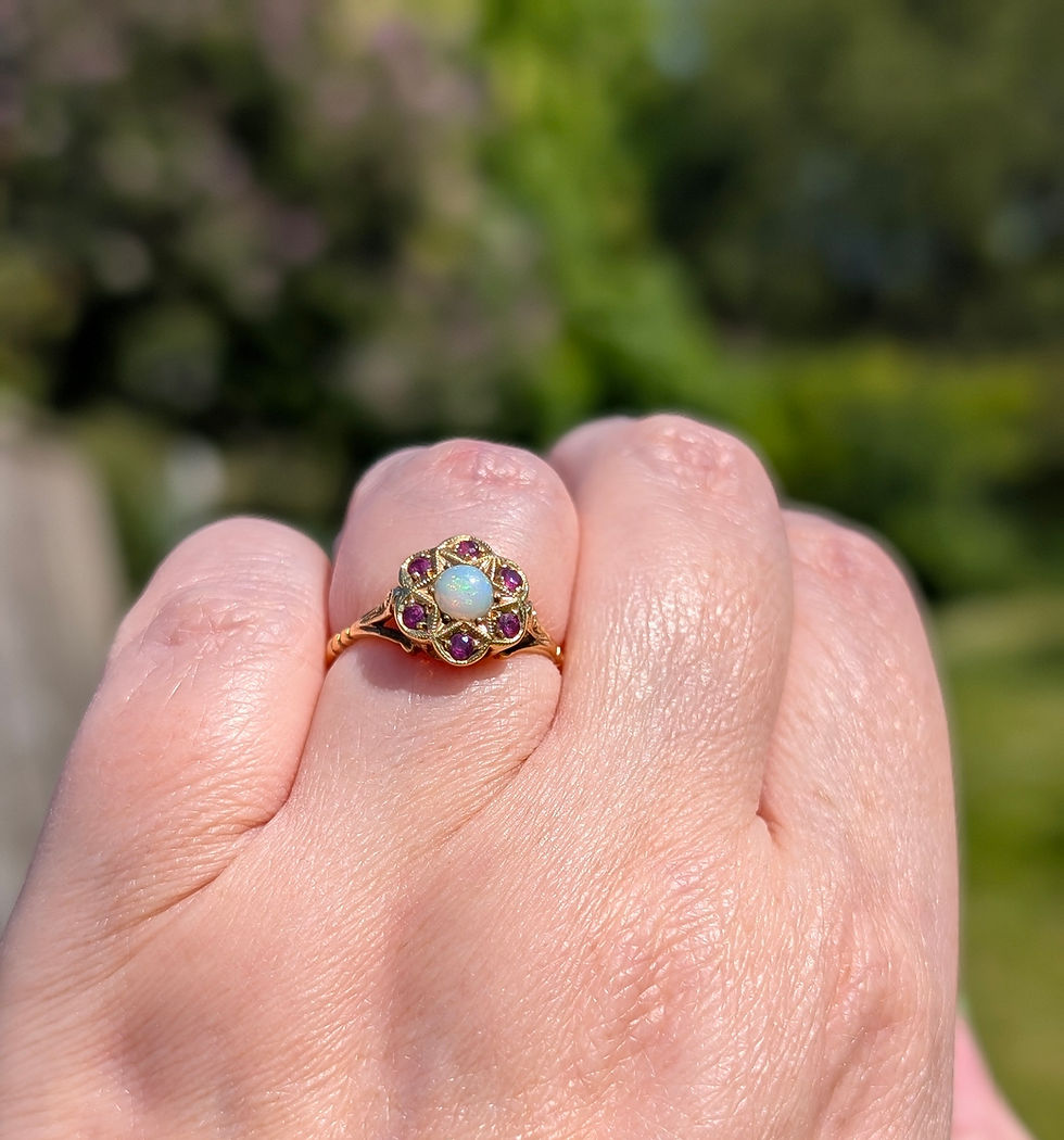 Thumbnail: Vintage 1960s Opal & Ruby Cluster Gold Ring 