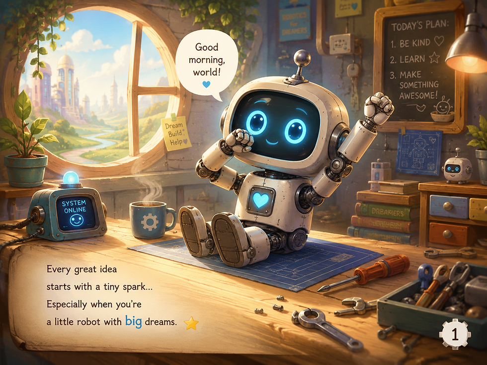 A little robot waking up on a workbench in a cozy workshop.