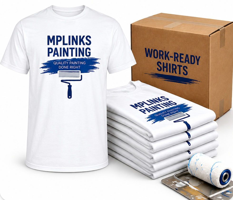 Work-ready custom painter shirt displayed with folded branded shirts, shipping box, and paint roller.
