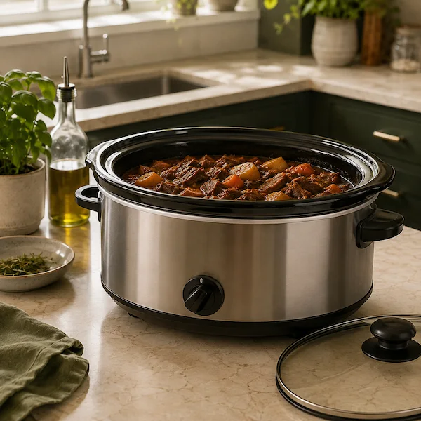 Unbranded slow cooker filled with pulled pork or soup on a kitchen counter with onions and herbs nearby.