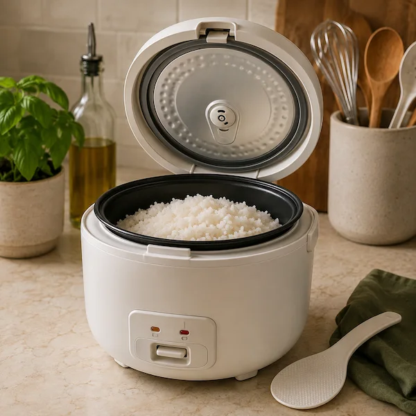Unbranded rice cooker with cooked white rice and small prep bowls nearby on a warm kitchen counter.