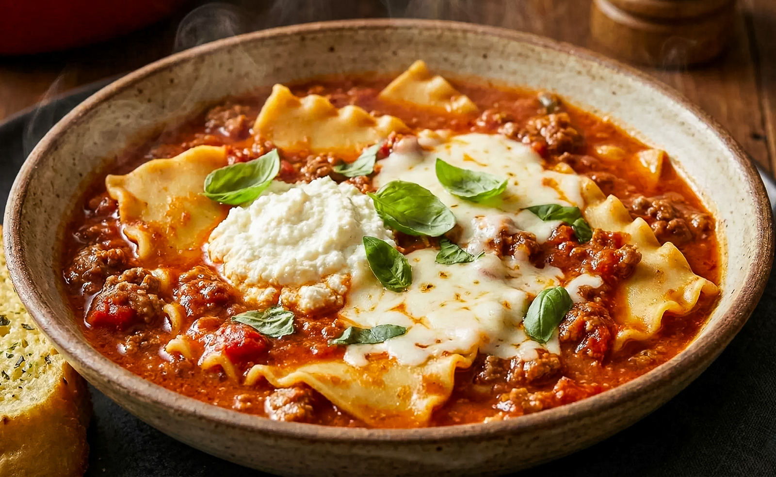 Hearty lasagna soup with pasta and ricotta in a deep bowl