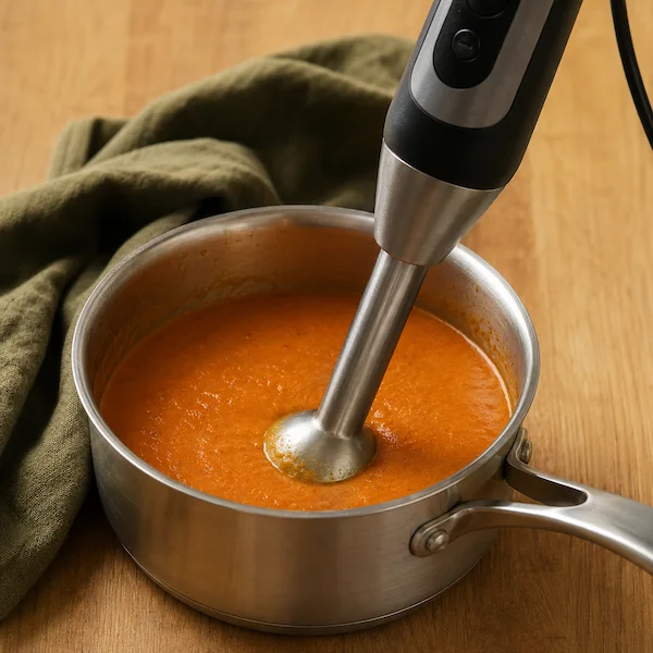 Unbranded immersion blender blending creamy tomato soup in a stainless steel saucepan.
