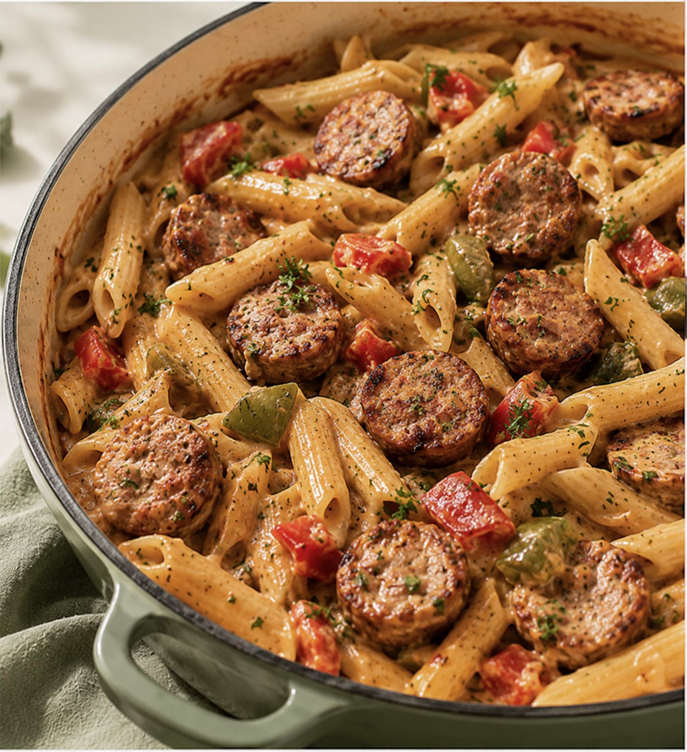 Pasta and sausage skillet with tomatoes and peppers