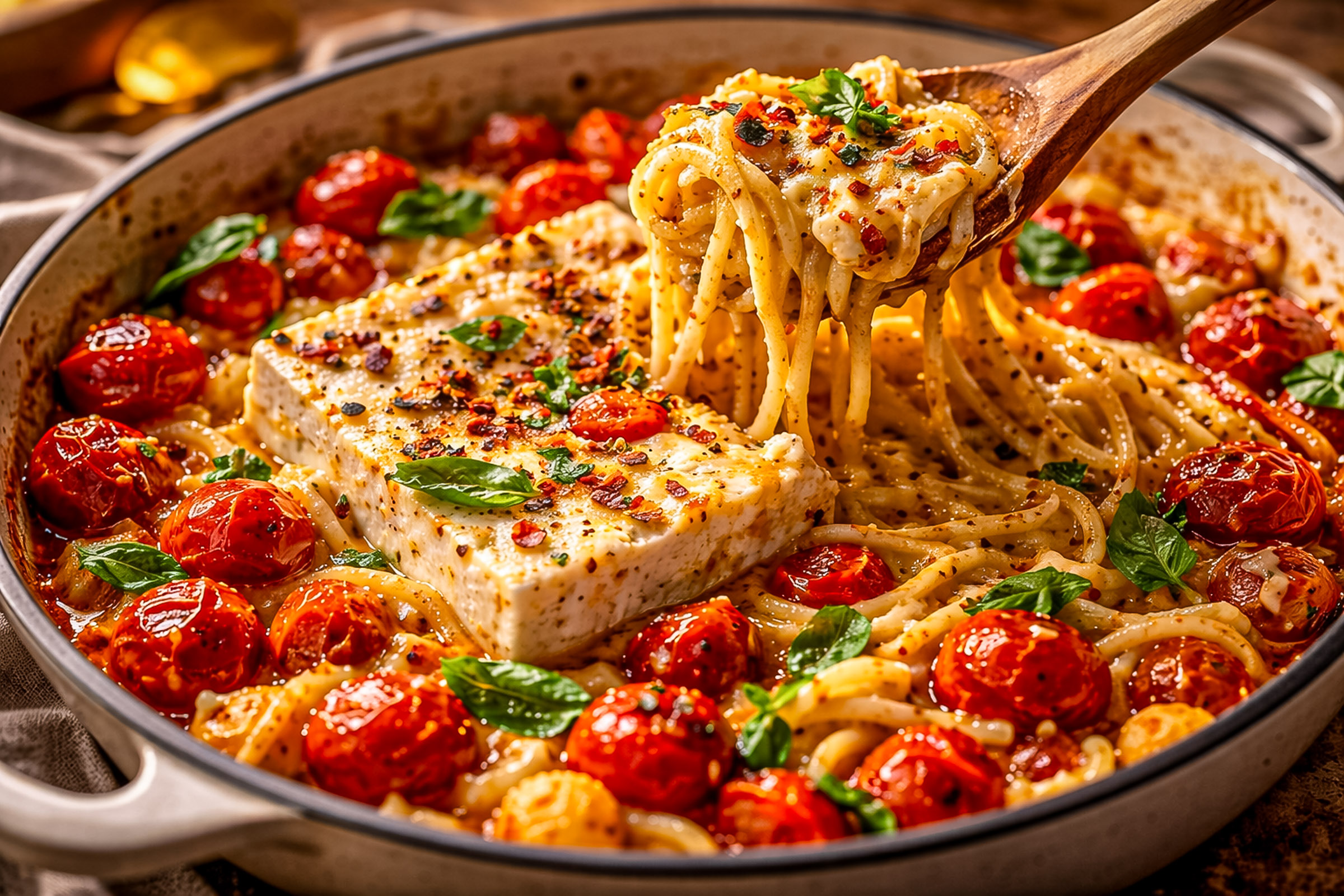 Baked feta pasta with burst cherry tomatoes and fresh basil