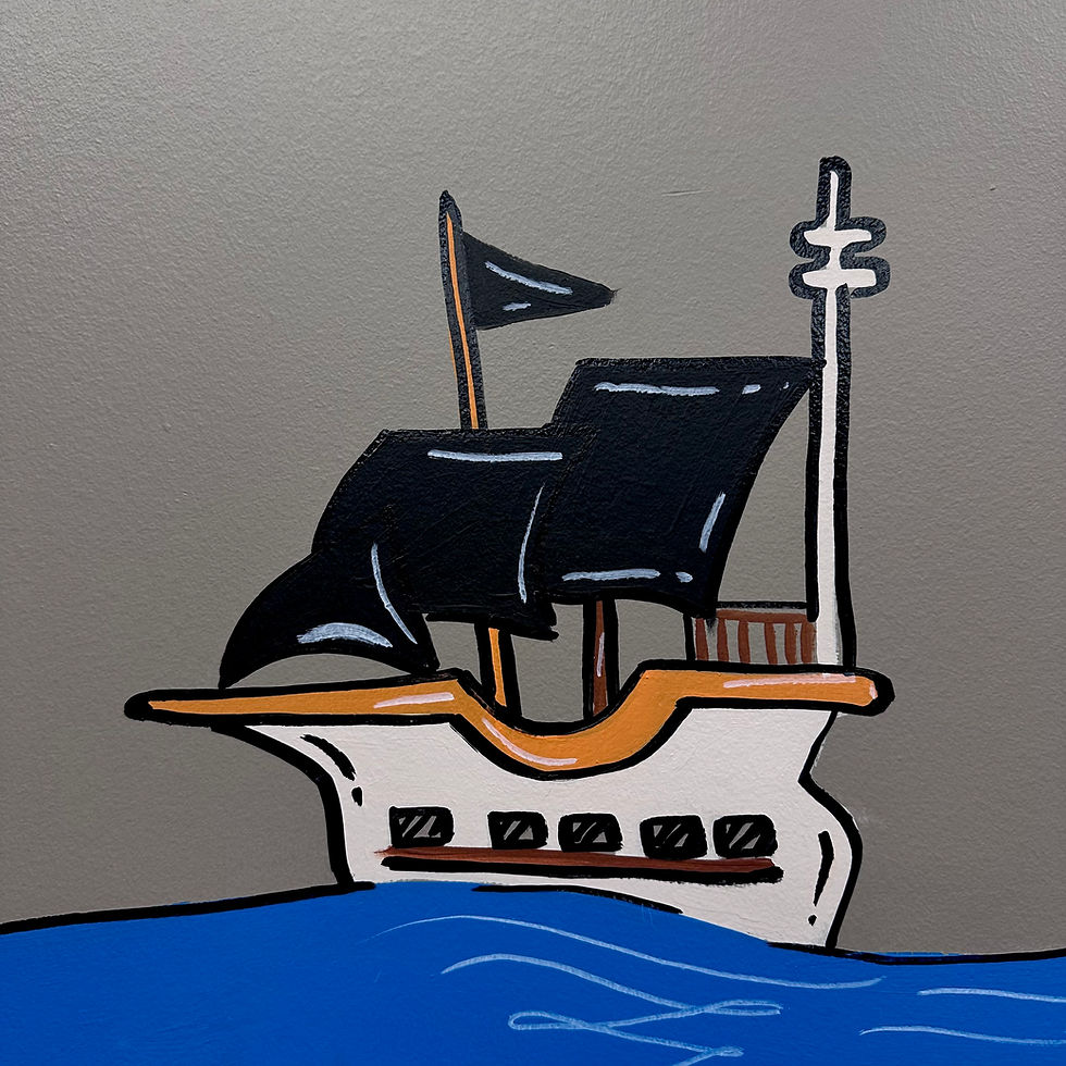 Painted ship mural on gray wall with blue water, square format.