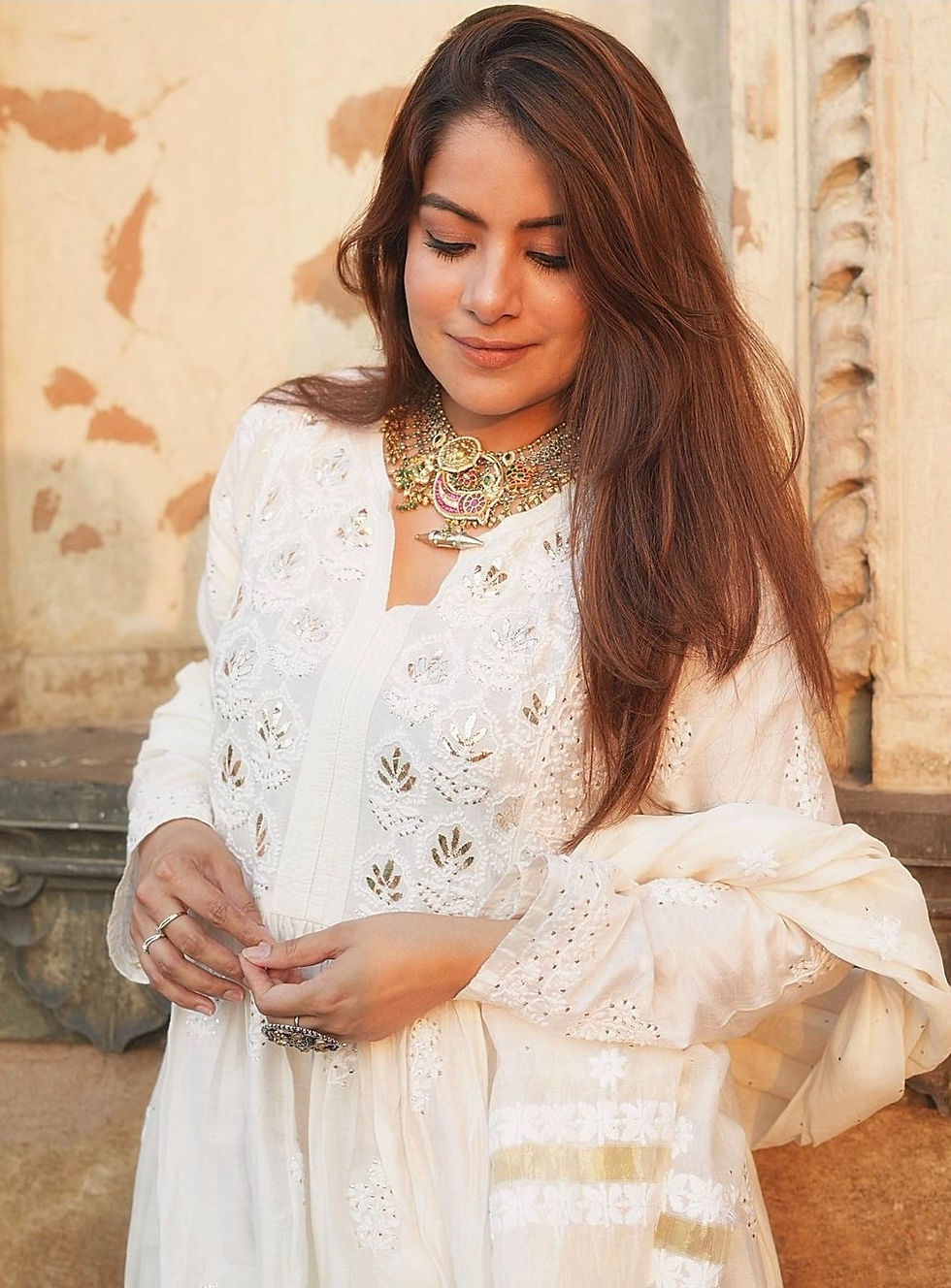 Thumbnail: Kulsum off white chikankari gown dupatta set 