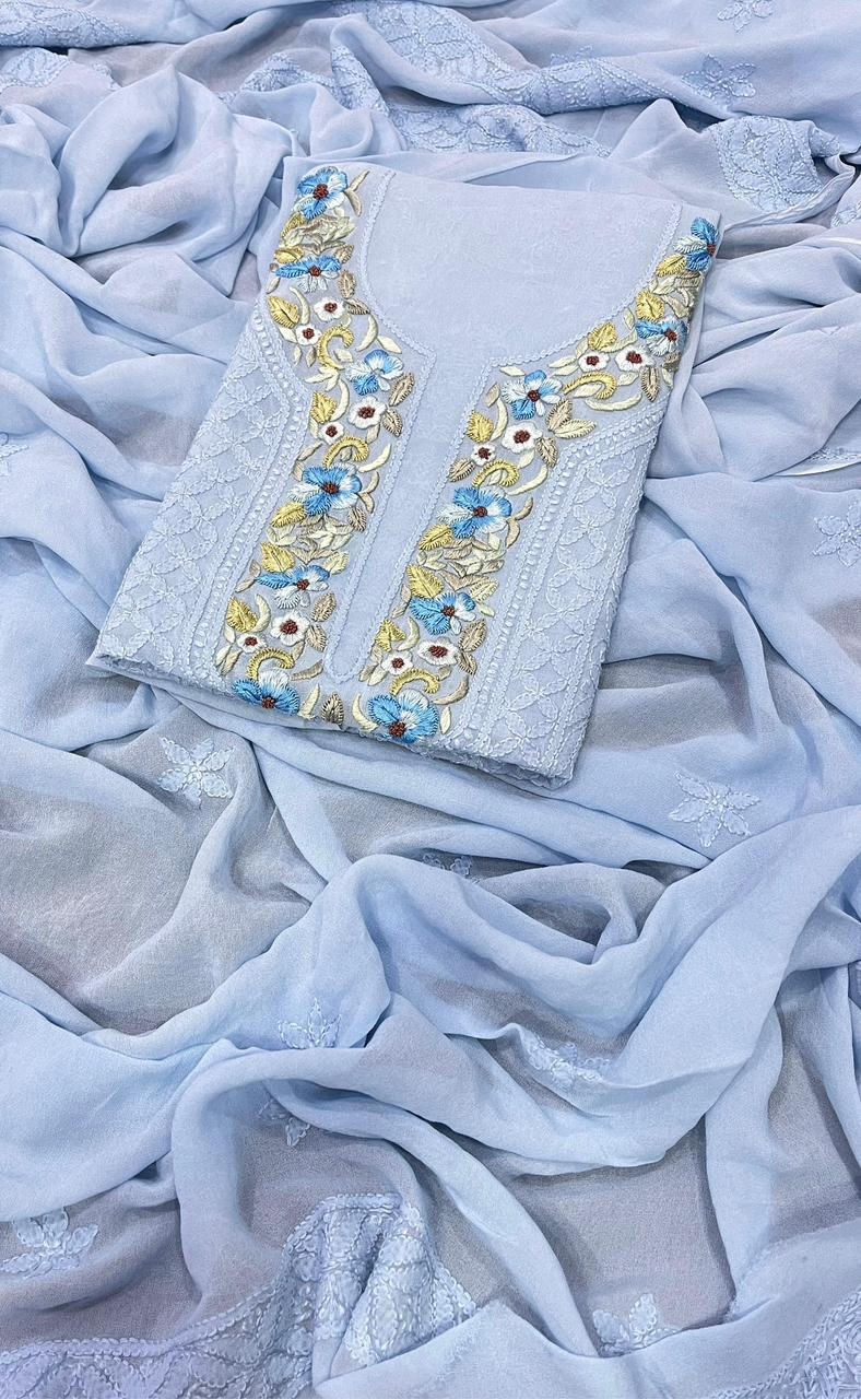 Powder blue parsi neck kurta dupatta set