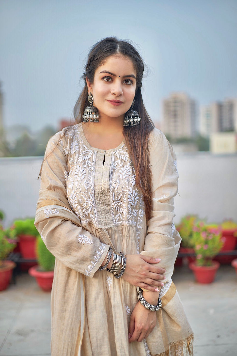 Thumbnail: Pure chanderi chikankari gown dupatta set 