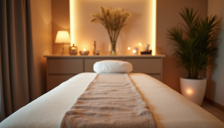 Eye-level view of a calm massage room with soft lighting and massage table ready for deep tissue therapy