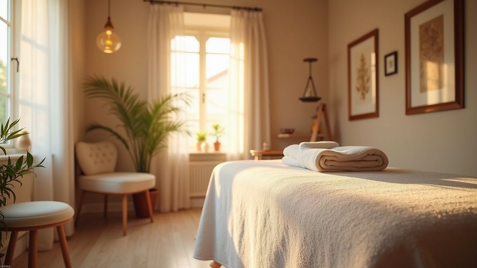 Eye-level view of a massage therapy room with calming decor and massage table