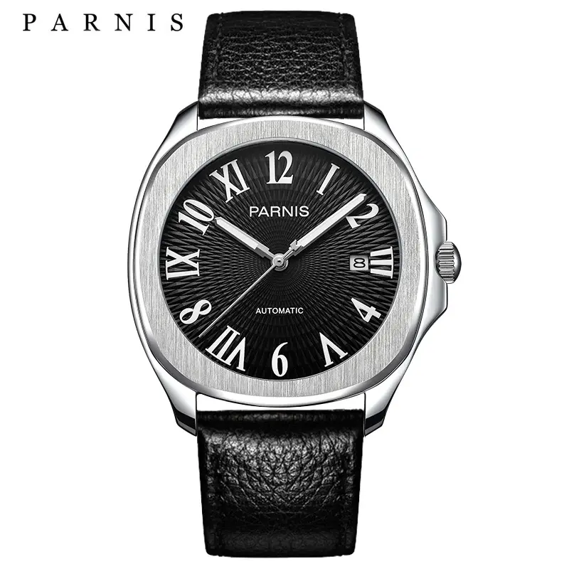Thumbnail: PARNIS watch with black dial, Roman numerals, and leather strap