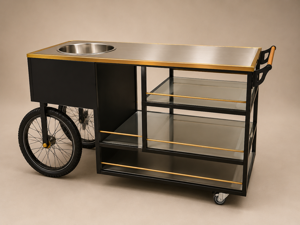 Industrial black metal mobile service cart with stainless steel top and open storage shelves.