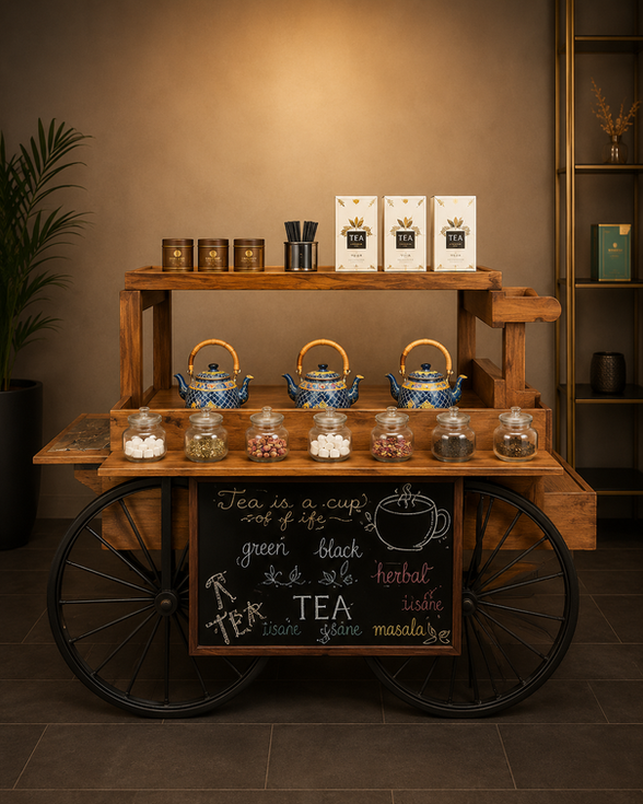 Rustic wooden tea cart with wagon wheels, chalkboard front, and glass tea jars illuminated by warm light.
