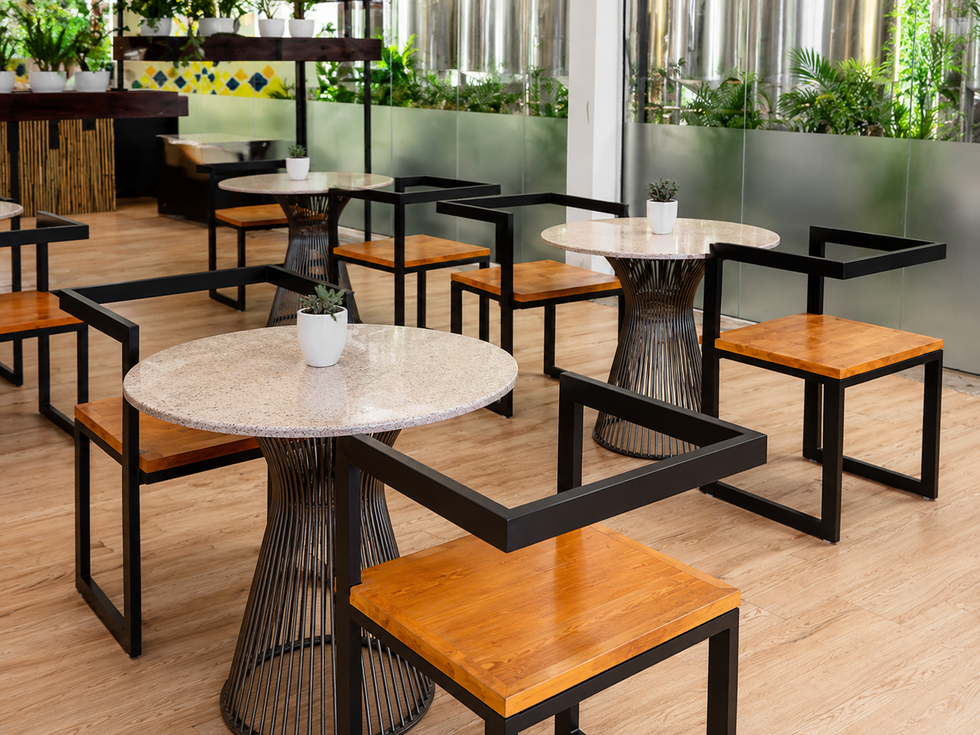 Custom outdoor café tables and seating for hospitality.