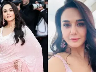 "Preity Zinta Turns Heads in a Shimmery Pink Saree at Cannes 2024, Faces Criticism for Her Accent"