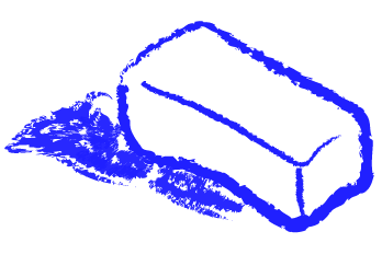 Belongs to still life sketched-style composition made of several objects on page. A blue hand-sketched style drawing of an eraser