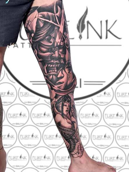Japanese tattoo style with hanya mask and geisya 