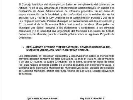 Reforma al reglamento interior y de debates de la Camara Municipal