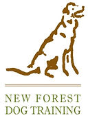 Outline drawing of a brown dog sitting down with New Forest Dog Training written underneath it