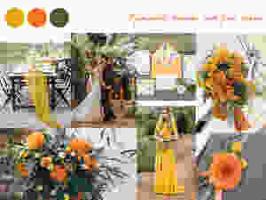 marigold, orange, pine green, yellow wedding colours, fall palette, wedding palette, destination wedding portugal, lisbon. white dots wedding planning