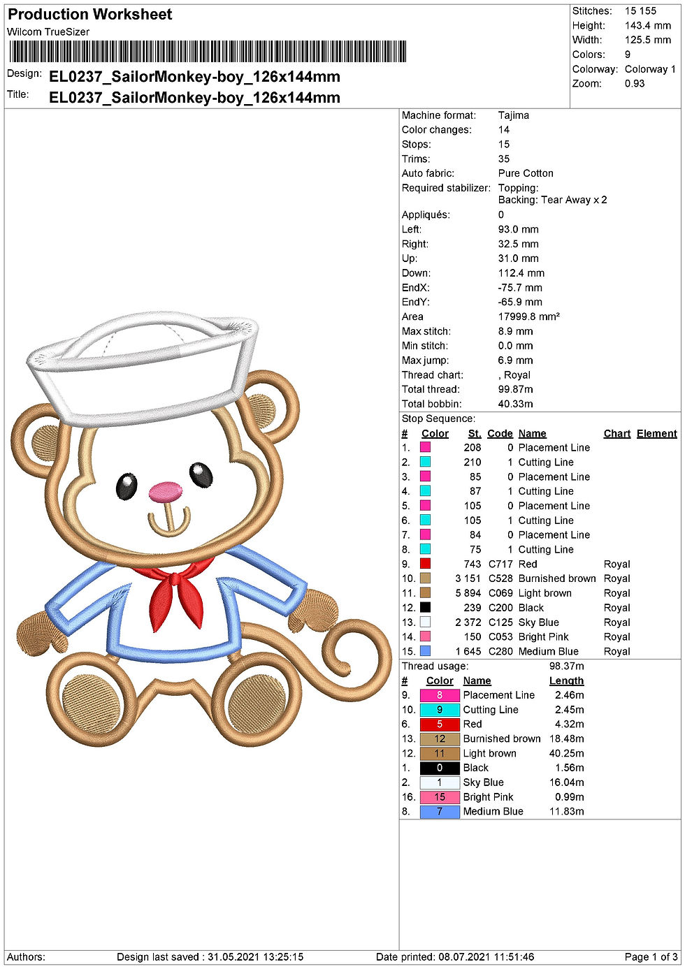 Thumbnail: Sailor Monkey boy Appliqué. Machine Embroidery Applique Design