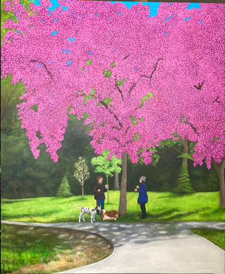 A painting, titled 'Spring in Ramsden Park', of a couple and a dog under the shade of a pink flowering tree, as they walk down a paved park path, by Linda Eyman.