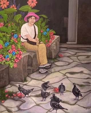 A painting of a woman sitting on the edge of a concrete planter filled with blooms, looking at some nearby pigeons, titled Taking Five On Cumberland, by Linda Eyman.