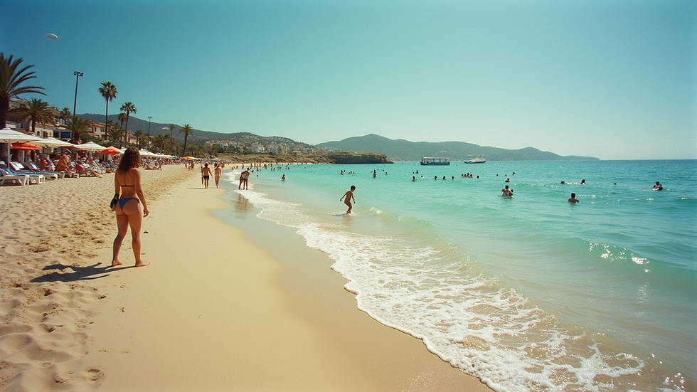 Vista a la altura de los ojos de Playa de la Mar Bella que muestra un animado ambiente de playa con bañistas.