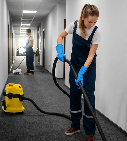 Gang schoonmaken met personeel, medewerker heeft blauwe handschoenen en een gele stofzuiger