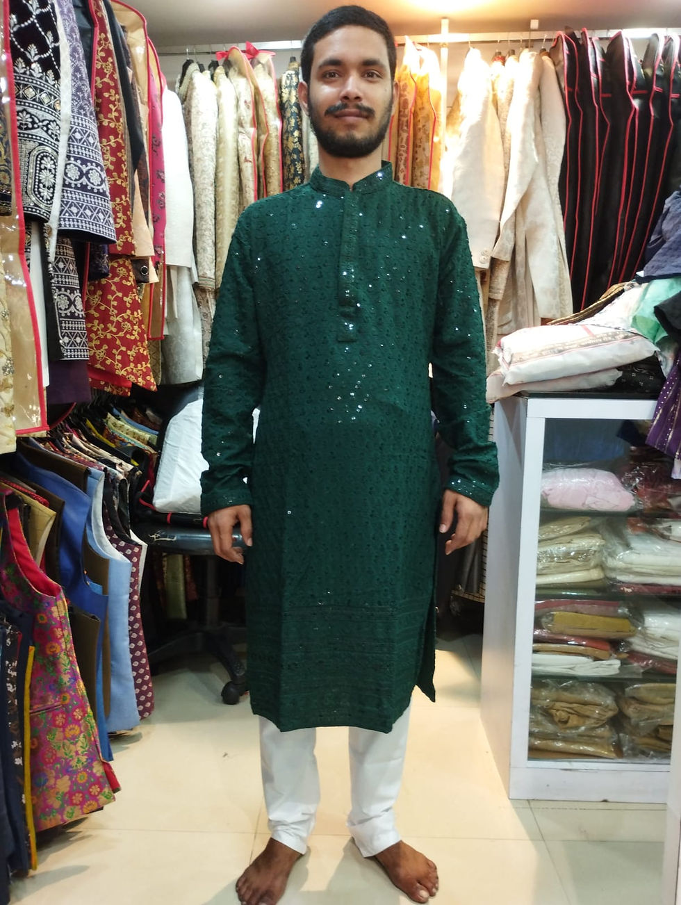 Bottle Green Lucknowi Desinger Kurta : Embroidery Shifli Work