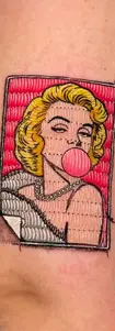 Marilyn Monroe bubblegum pop art tattoo in an embroidery patch style, featuring realistic fabric texture and shading.