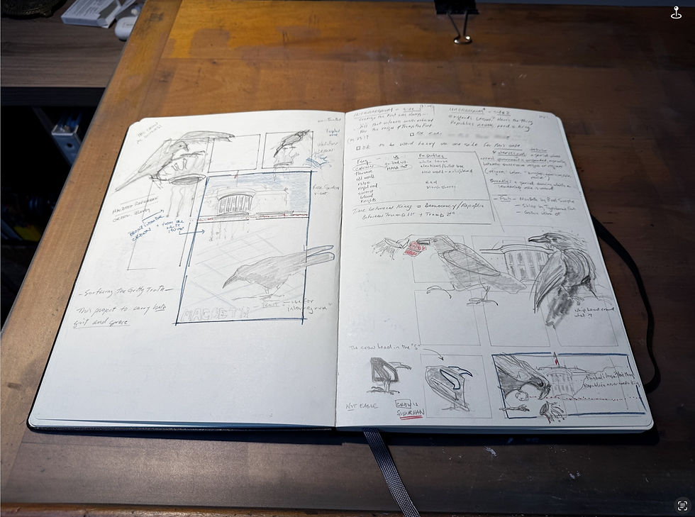 Open sketchbook showing pencil sketches, compositional boxes, and handwritten notes exploring ideas and visual relationships.