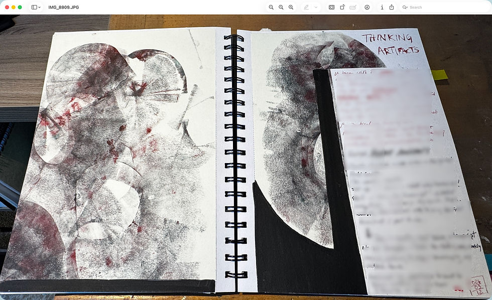 - "Thinking Artifacts" (March 12): An illustrated journal page with a geometric first layer of circles resembling humanoid robots, one eye added in marker, handwritten text blurred.