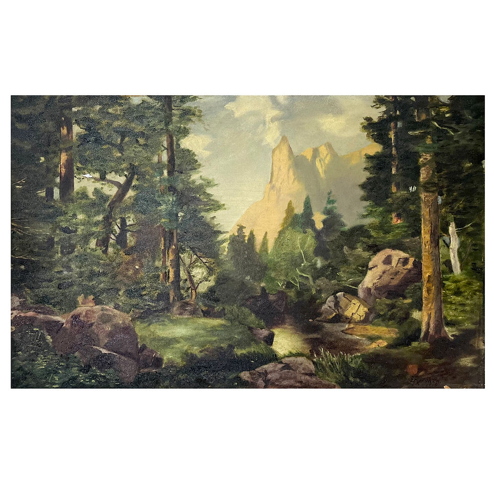 Thumbnail: Sentinel Rock Through Pines Yosemite Oil on Board - After Thomas Moran 1915