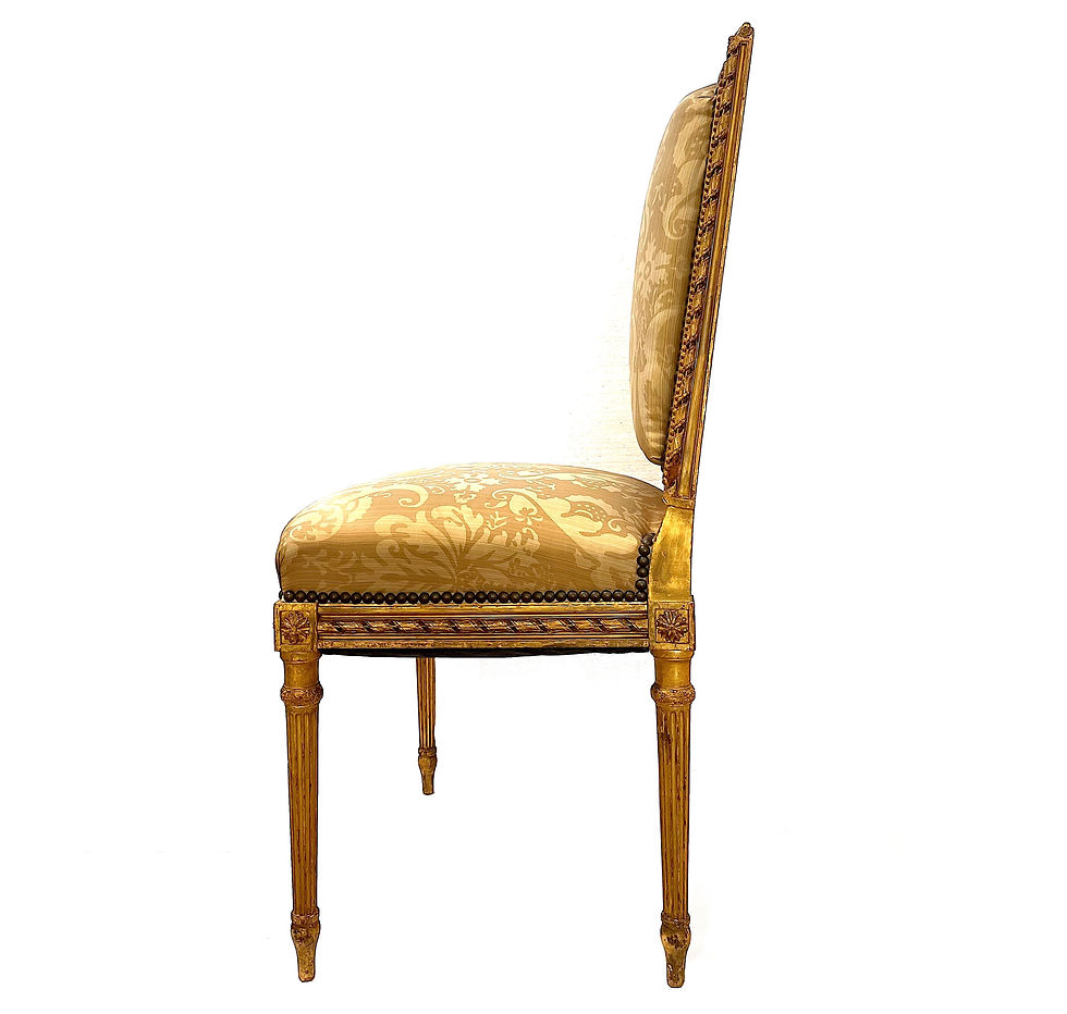 Thumbnail: SOLD: Louis XVI Desk Chair - Carved Gilt Frame - Fortuny Inspired Upholstery