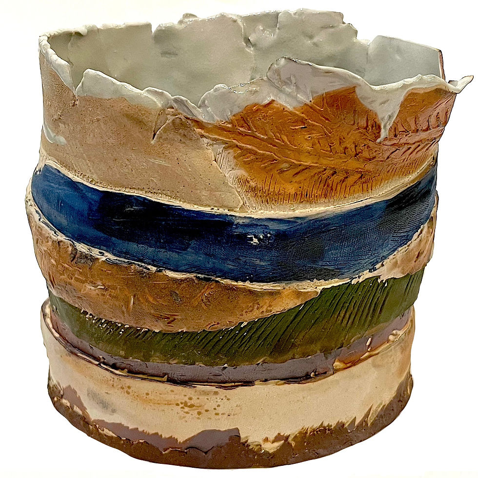 1970's Brutalist Art Pottery Striped Slab Oval Vase