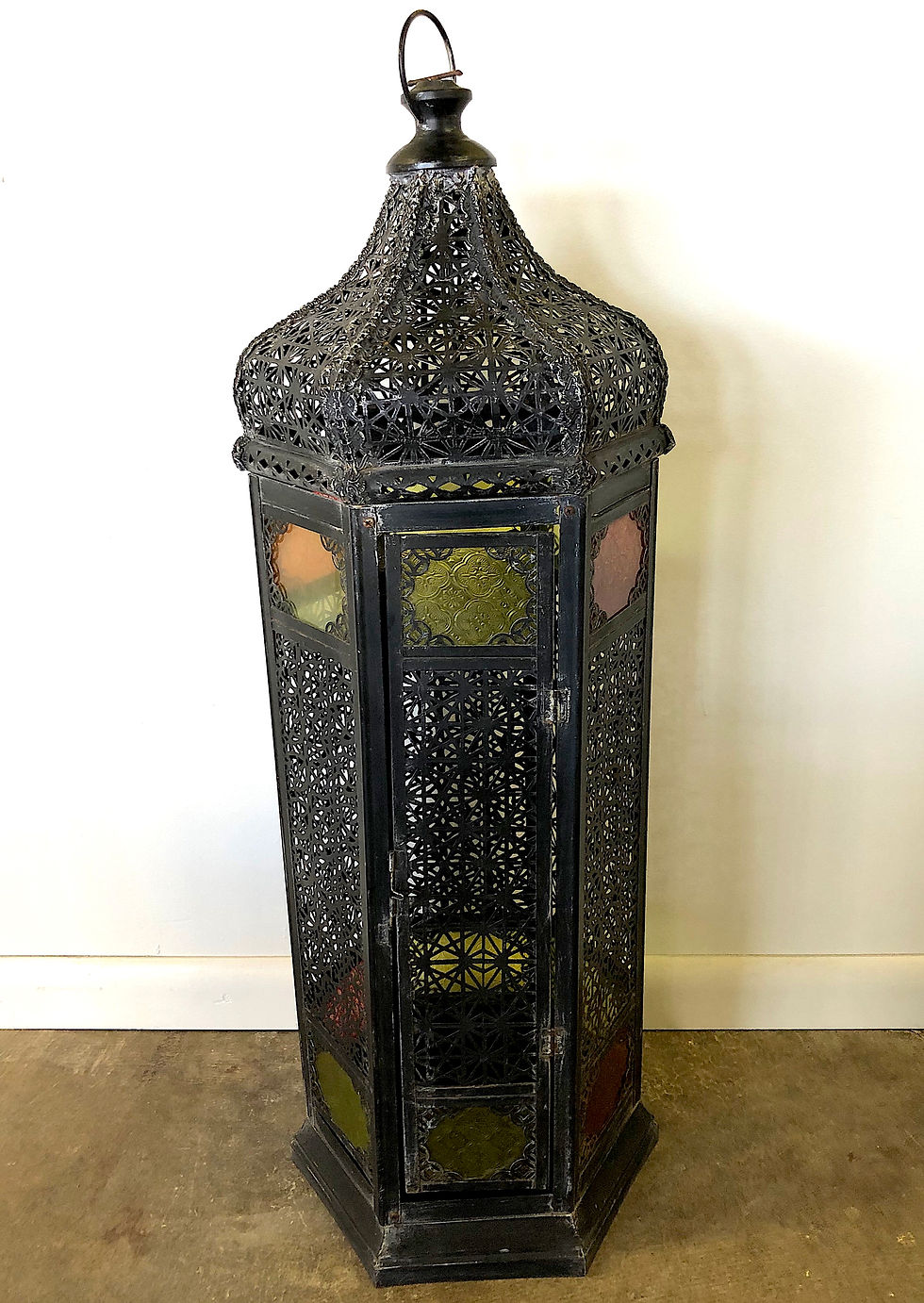Thumbnail: SOLD: Moroccan Moorish Pierced Metal Lantern - Over Three Feet Tall