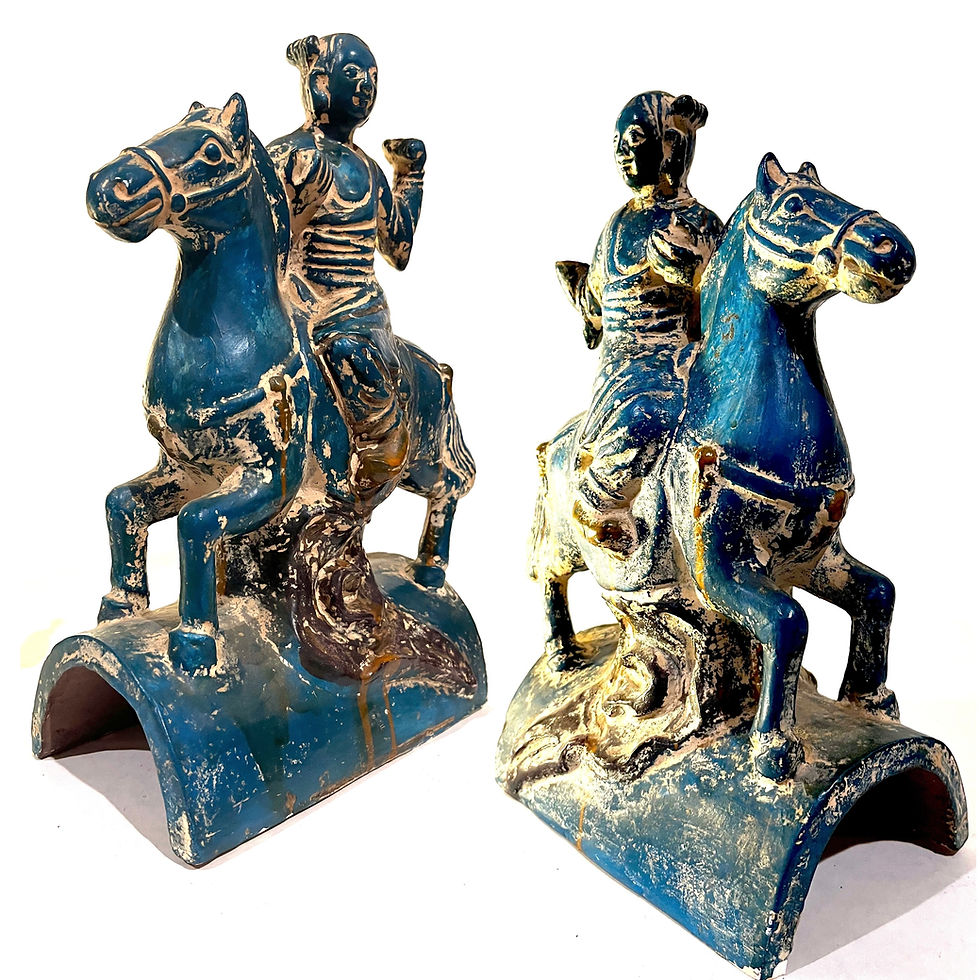 Thumbnail: 1950's Chinoiserie Stoneware Turquoise Teal "Tang" Warriors on Horses - Pair