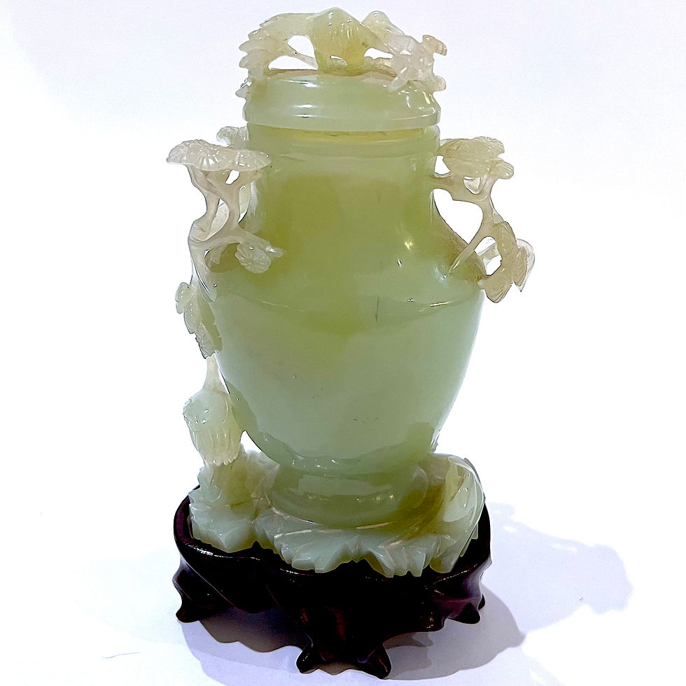 Thumbnail: Carved Chinese Green Jade Lidded Jar/Vase - Custom Base - Presentation Box