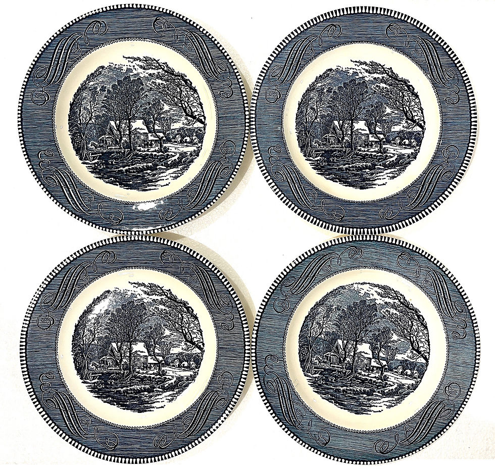 Thumbnail: SOLD: 1950s Blue Transfer-Ware Currier & Ives - Set of 12 Dinner Plates