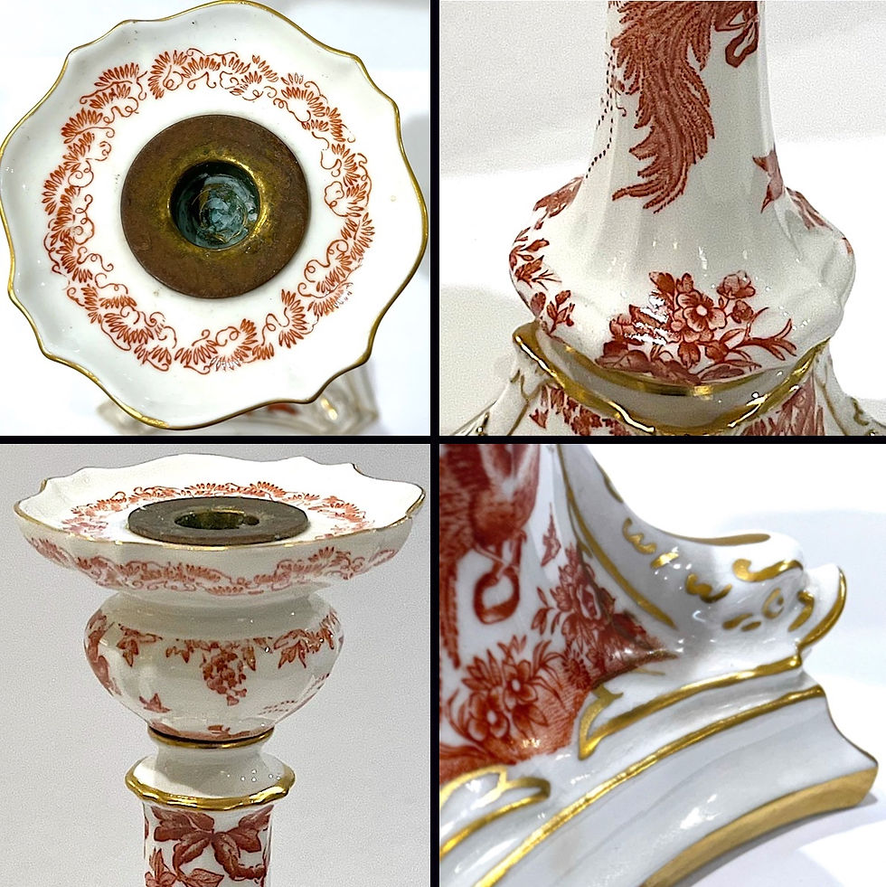 Thumbnail: Vintage Royal Crown Derby Red Aves Candlesticks - Pair - Details