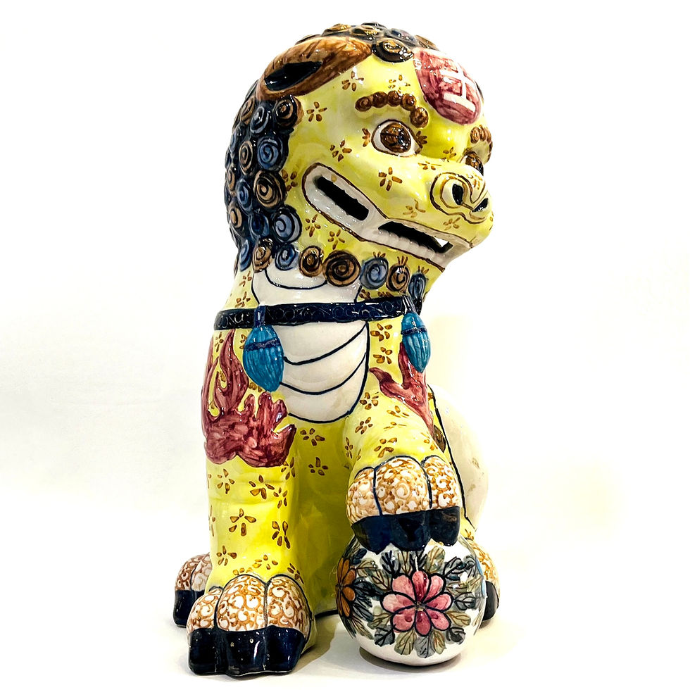 Thumbnail: SOLD: 1980's Pastel Yellow Chinoiserie Foo Dogs Shi Lions - Set of 2