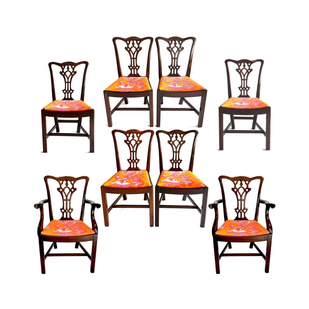 1930's Chippendale Dining Chairs - Solid Mahogany - New Toile de Jouy - Set of 8