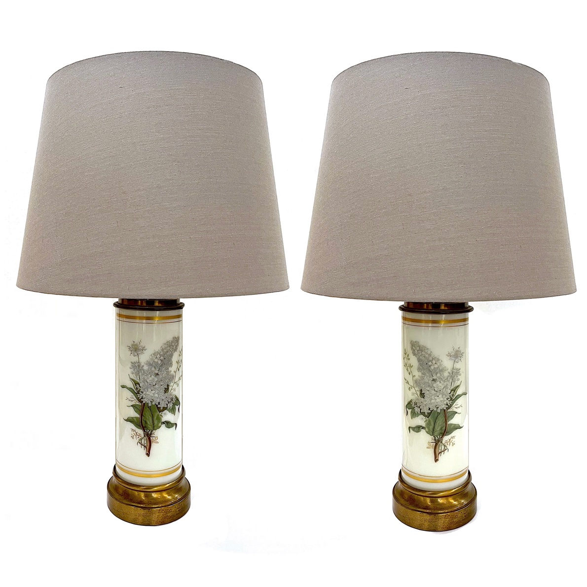 SOLD: 40's White Opaline Cylinder Lamps Decorated With Lilac Botanicals - a Pair