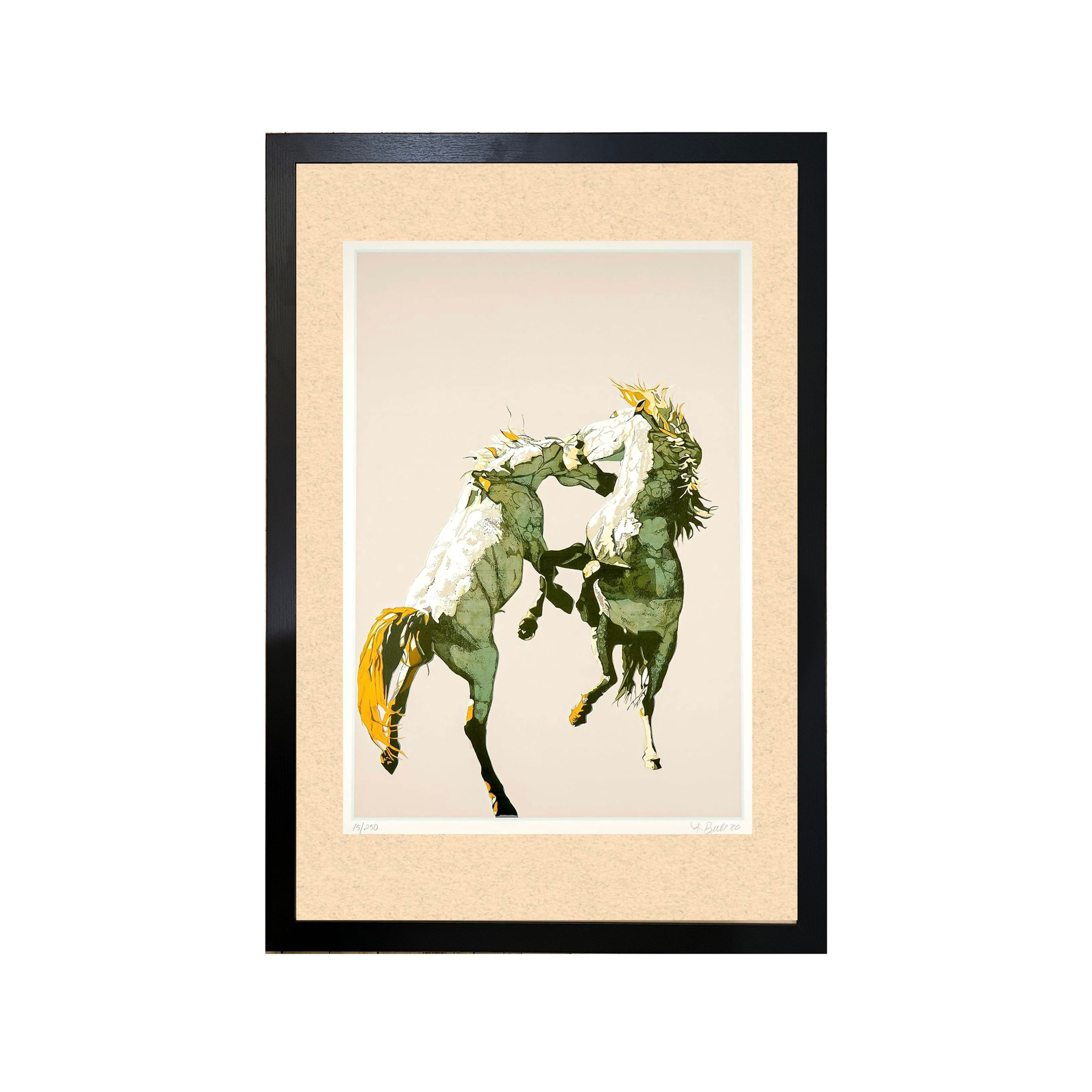 Fighting Horses Limited Edition Serigraph by Fran Bull, Photorealist Circa 1980