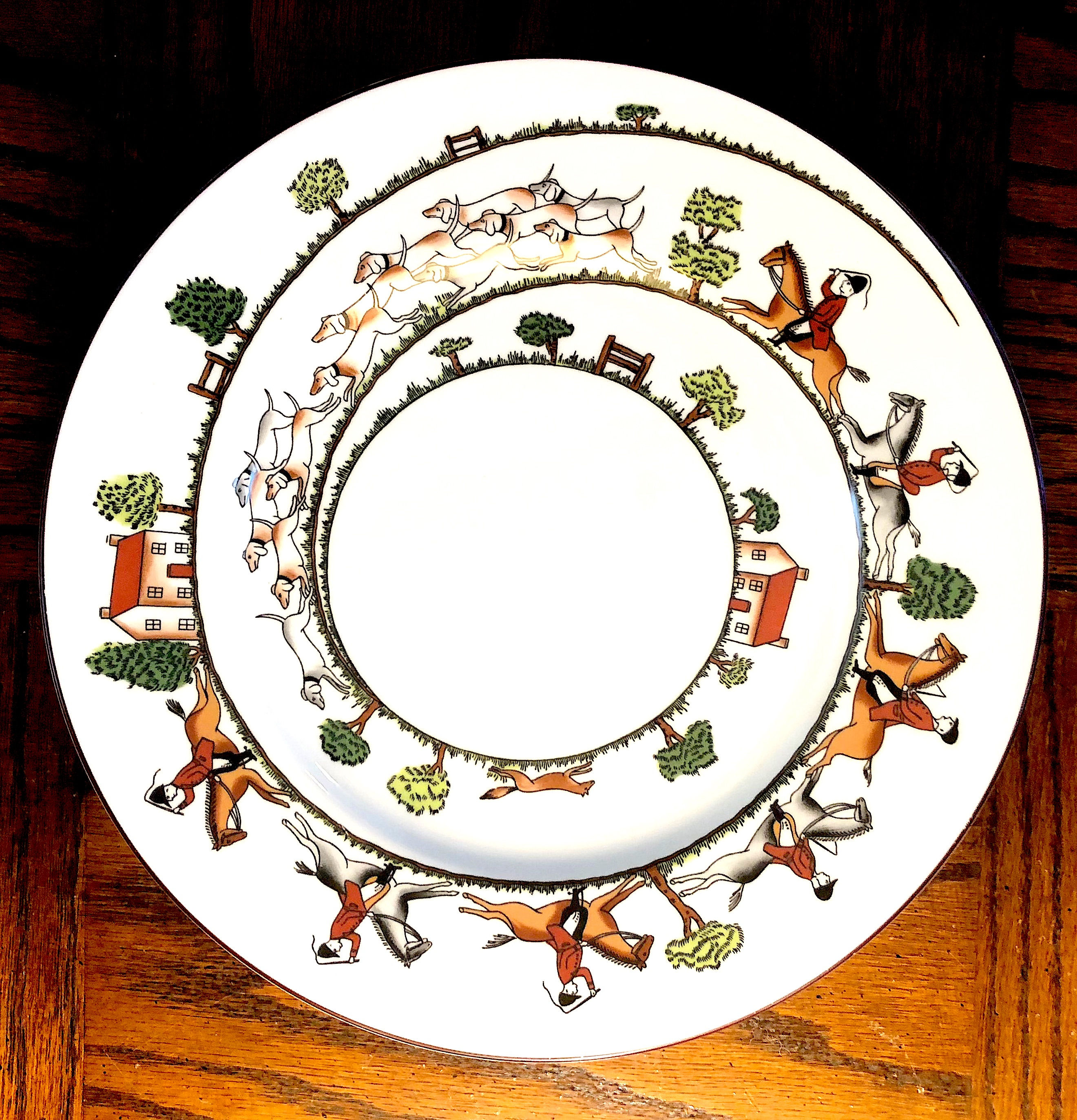 SOLD: Crown Staffordshire Hunt Scene Dinner Plates - Baker's DOZEN