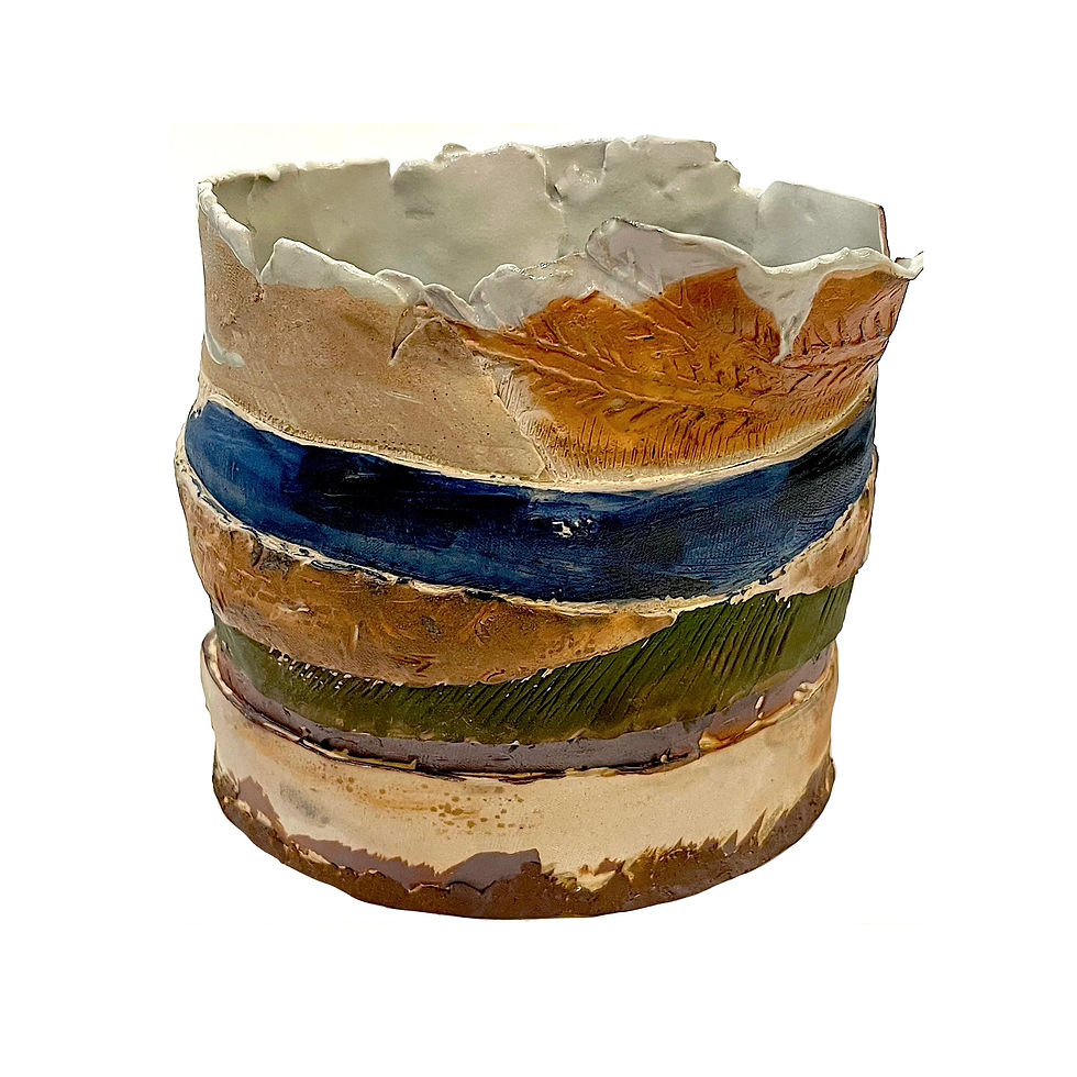 1970's Brutalist Art Pottery Striped Slab Oval Vase